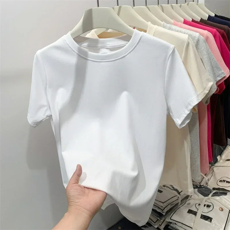 2025 Summer T Shirts For Women High Quality Solid Casual Female Korean Streetwear Tees Unisex Basic Solid Young Cool Tops