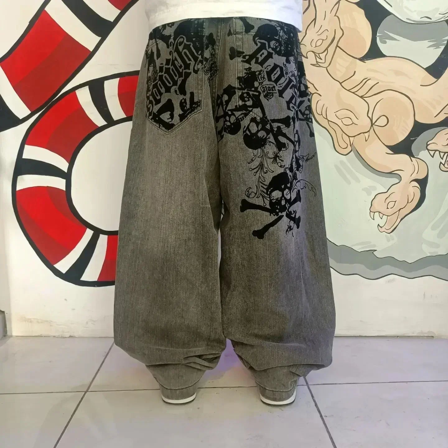 Retro New Southpole Jeans Skull Watermark Loose Jeans Men's and Women's Y2K Harajuku Gothic Hip Hop Skateboard Pants Street Wear
