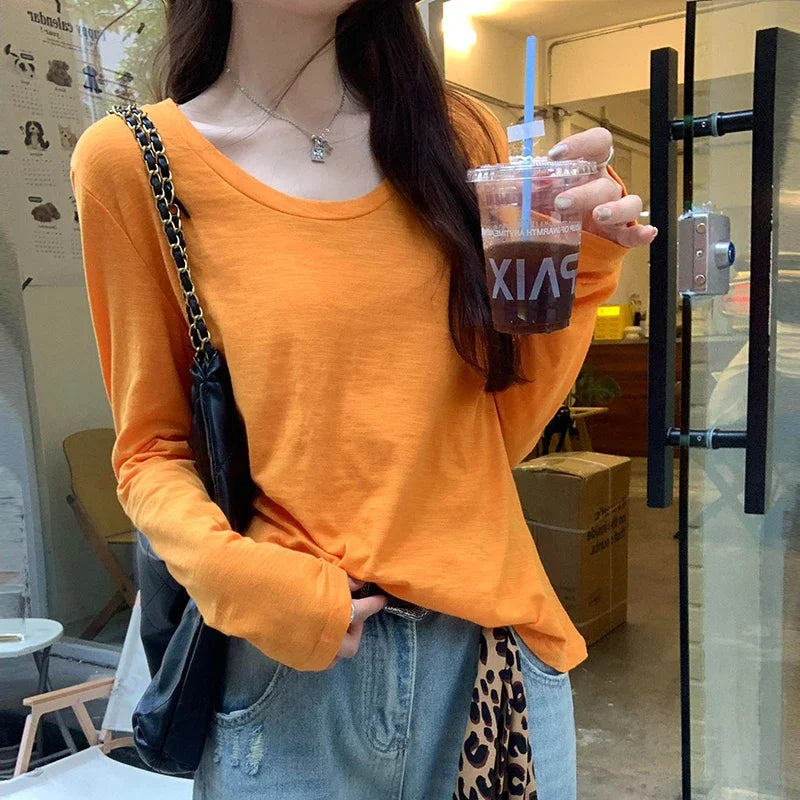 Women's Spring Summer 2025 100% Cotton T-shirt Bottoming Basic Solid Lady Long Sleeve Loose Tops Shirts T Shirt